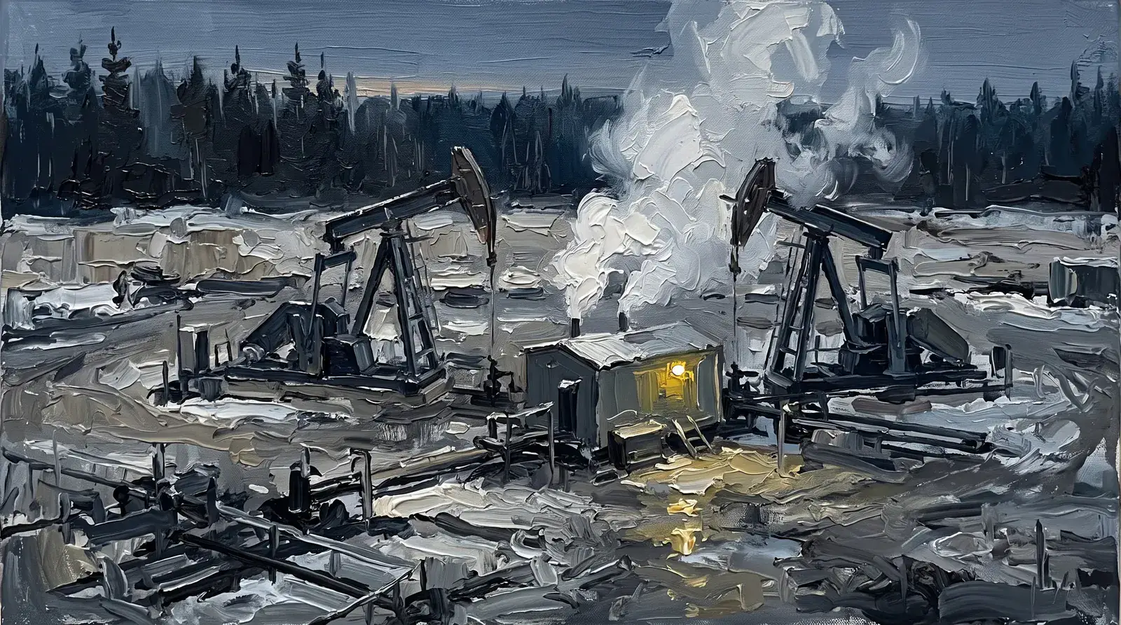 Painting · heavy-oil pad with steam in the evening light