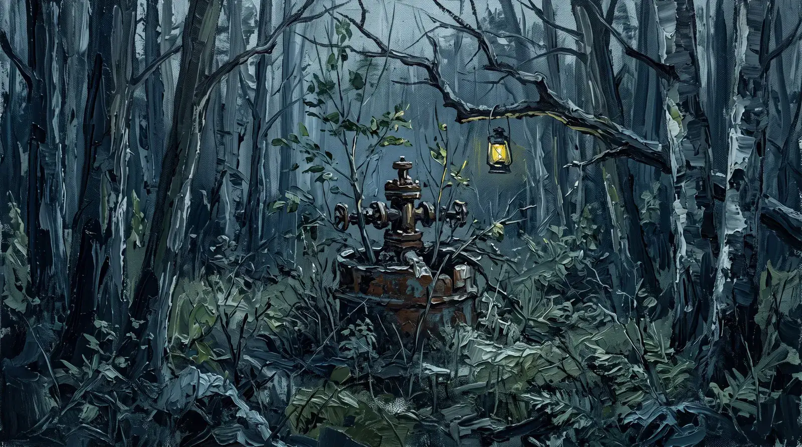 Painting · overgrown wellhead in a forest clearing at dusk