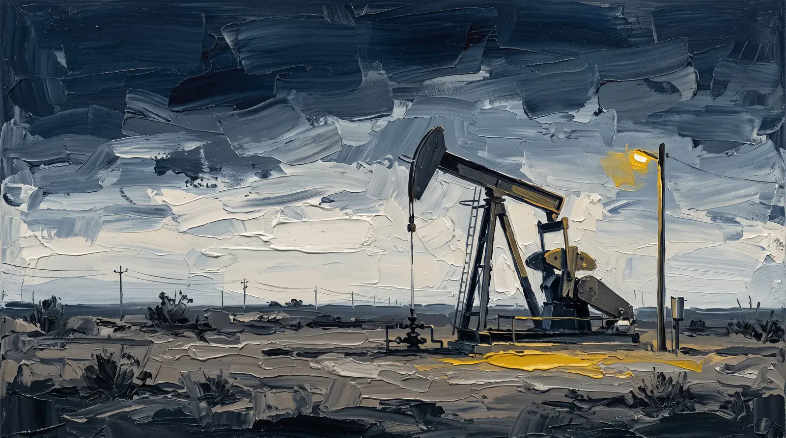 Painting · pumpjack on a Permian lease at dusk