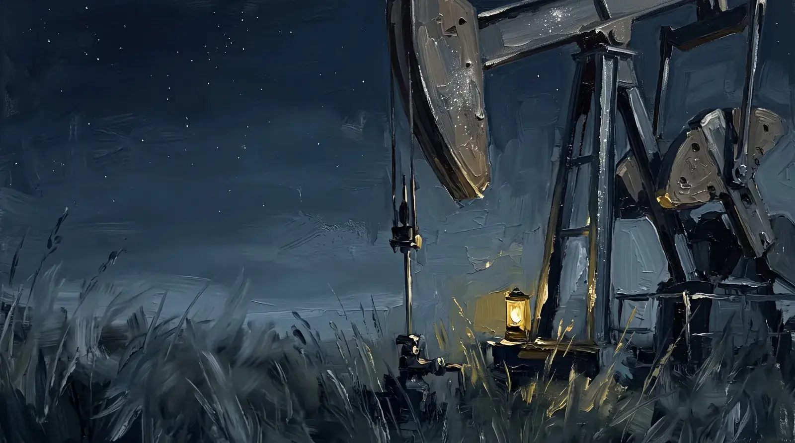 Painting · lone pumpjack on a prairie at nightfall